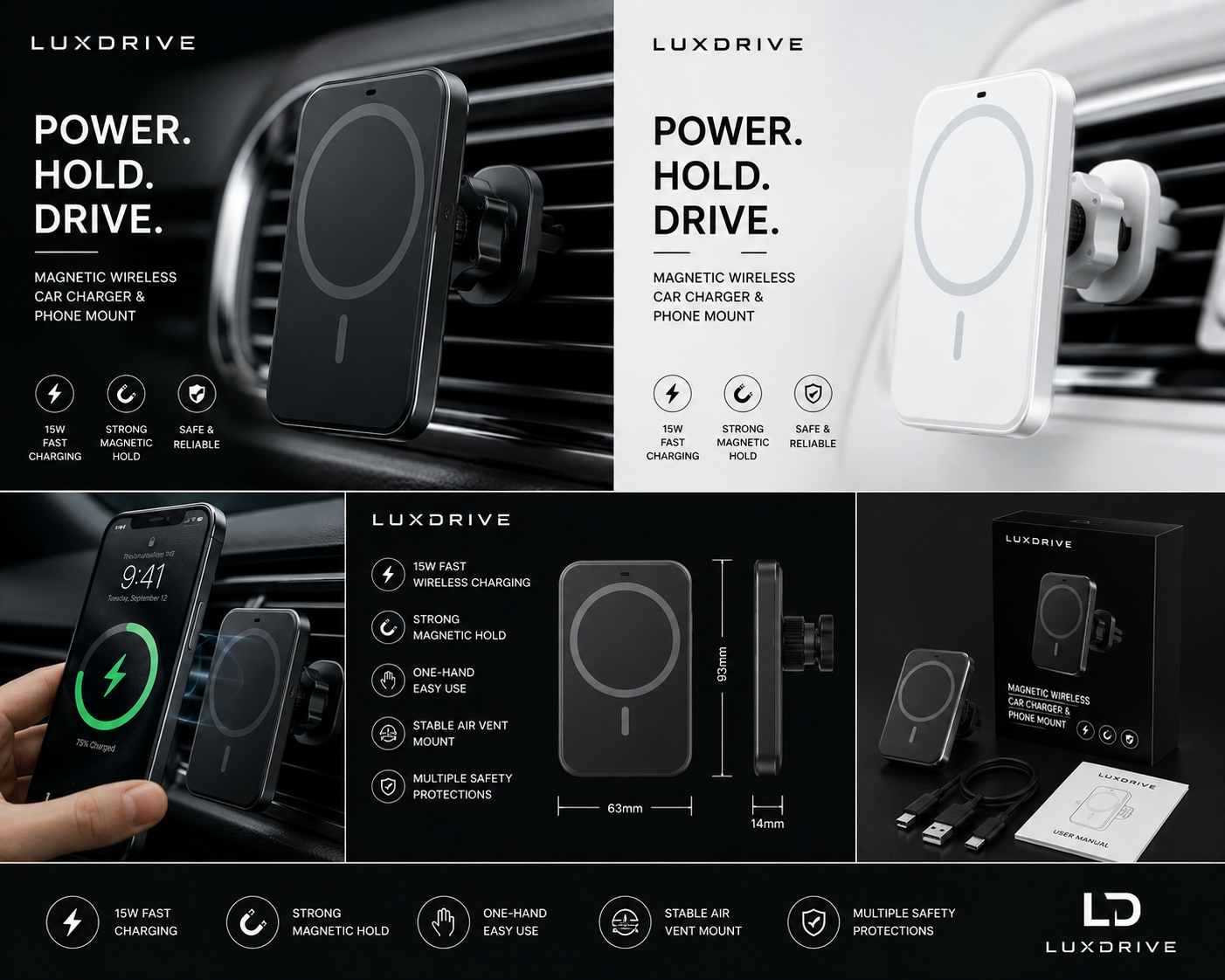 LuxDrive Magnetic Wireless Car Charger & Phone Mount