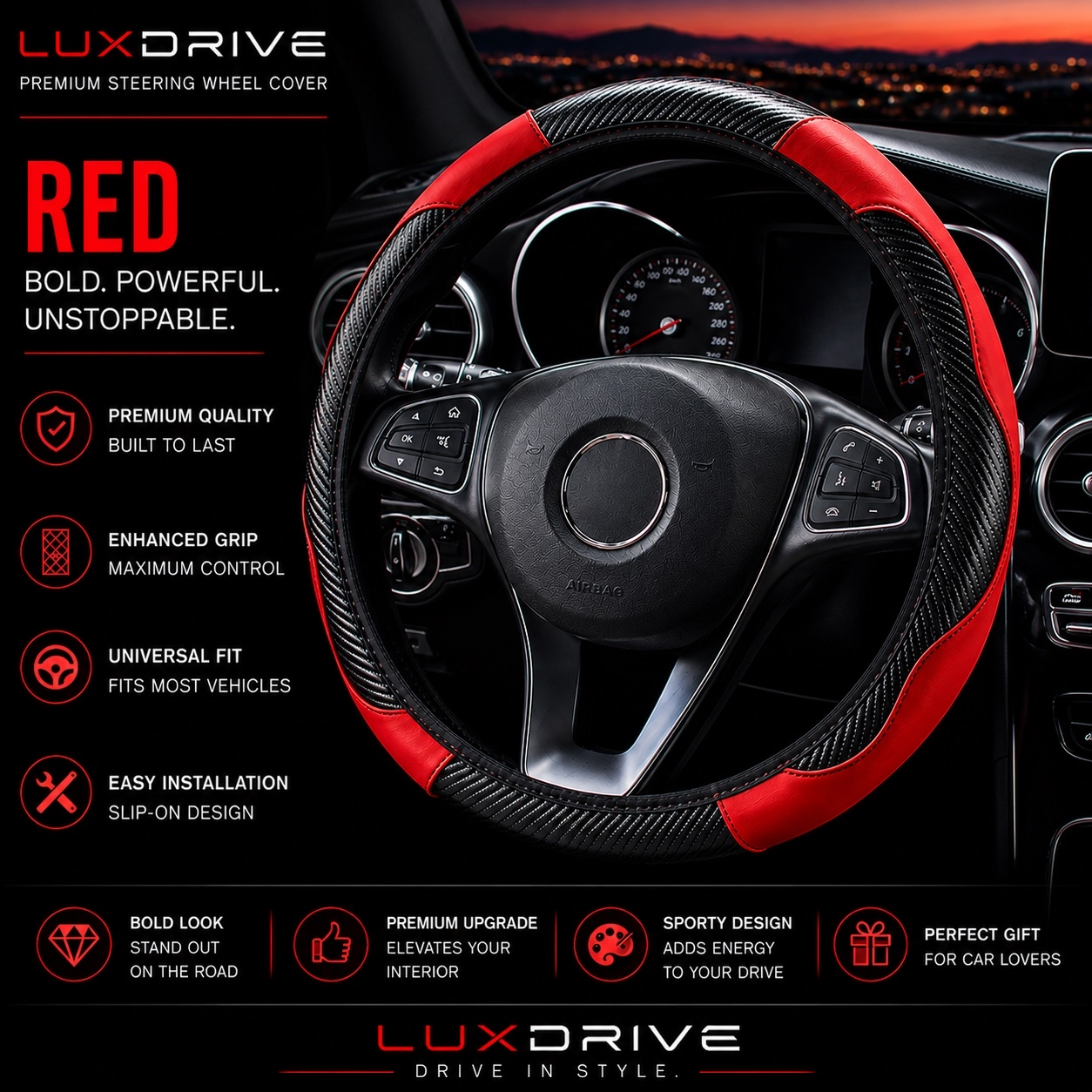 LuxDrive Carbon Fiber Sport Car Steering Wheel Cover